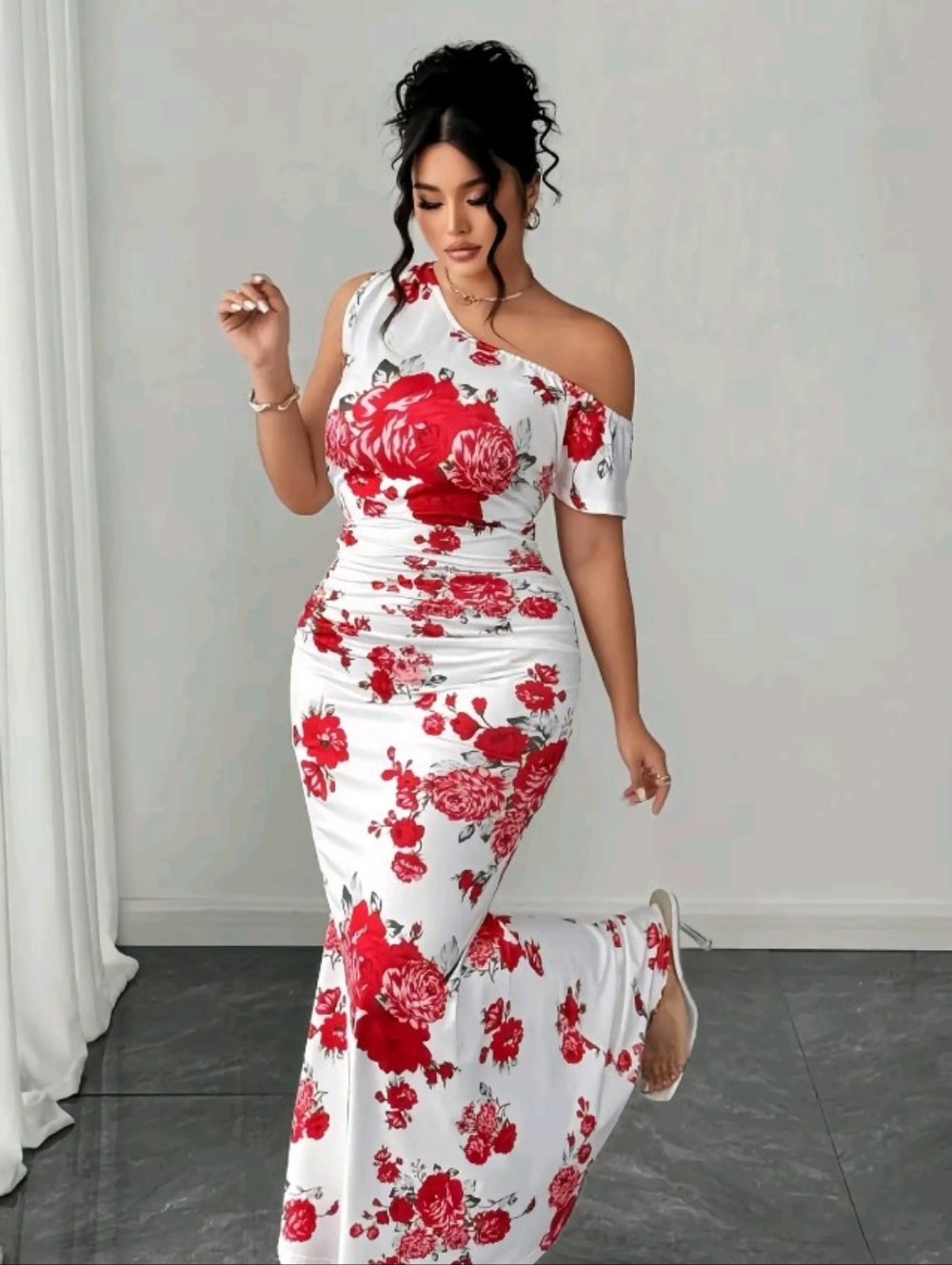 One-Shoulder White Dress with Red Floral Print In